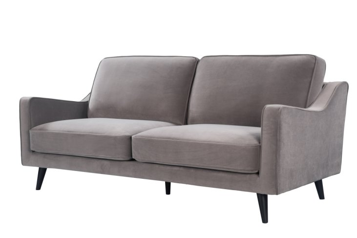 grey taupe velvet steel sofa black legs front-left view