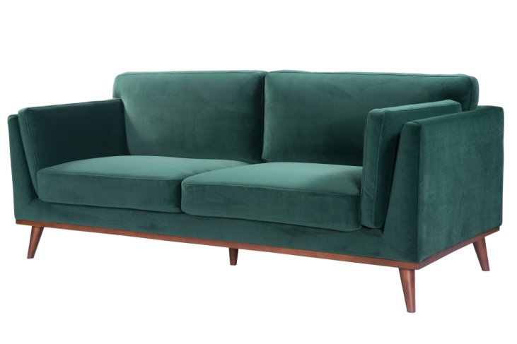 emerald green velvet sofa 3 seater walnut legs front-left view