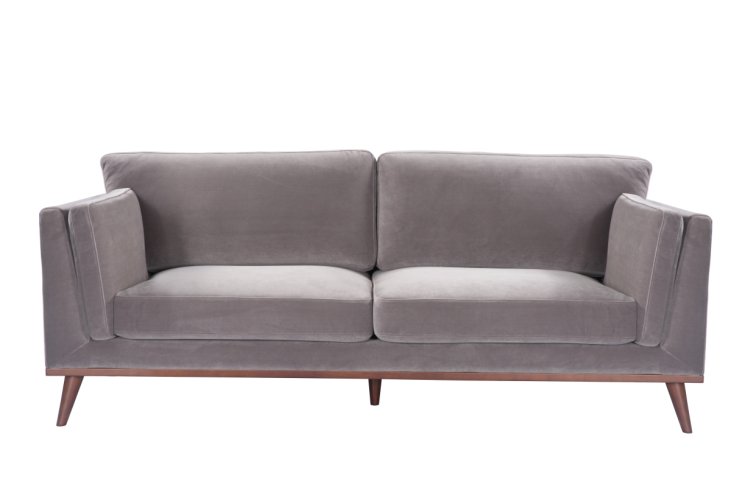 mink velvet stone gray velvet sofa 3 seater walnut legs front view